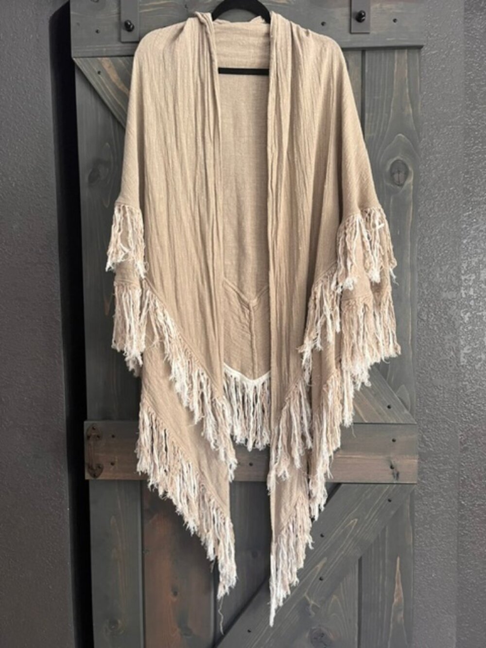 Linen Boho Shawl with Fringe Beige - Picture 3 of 4